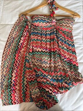 American Rag Cie Beaded Halter Maxi Dress XS Chevron Zigzag Multicolor Boho